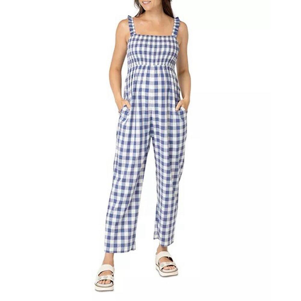 Nom Maternity Jumpsuit in Gingham Blue and White - M